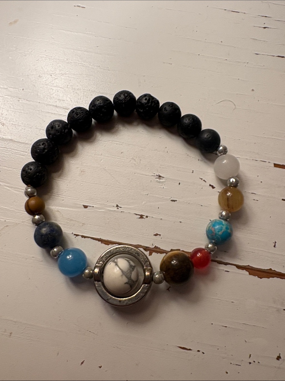 Multicolor Beaded Stretch Bracelet with White Marbled Center